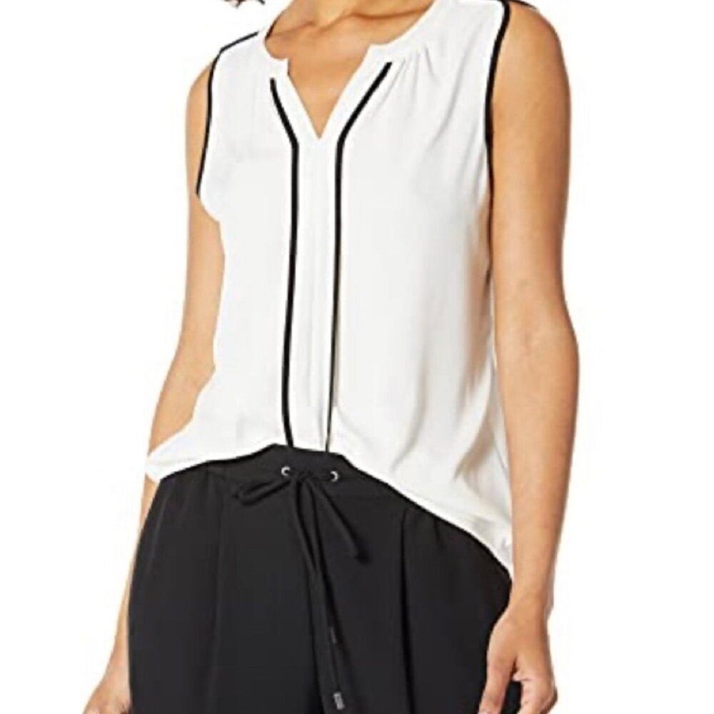 Liz Claiborne Women Sleeveless White Black Trim Hi-Low Blouse Size M